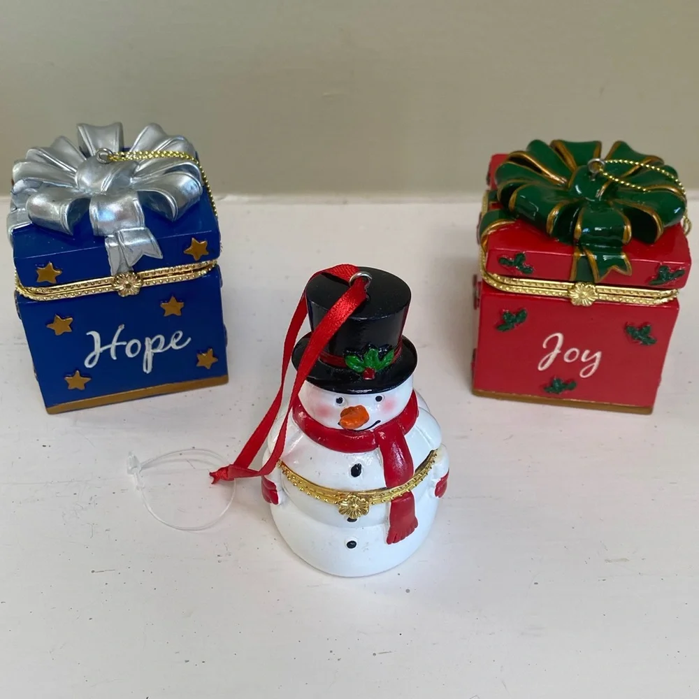 Christmas Ornaments Snowman Luxury Trinket Box Set Collectible Gold Jewel Tones